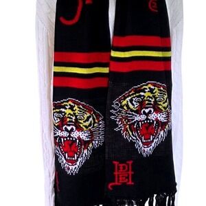 Ed Hardy Scarf Black Red Yellow Tiger Graphic Logo Knit Fringe Unisex NWT
